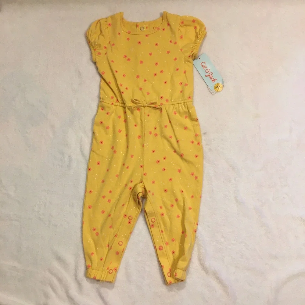 Cat & Jack Jumpsuit Baby Girl 18M Yellow NWT Floral Polka Dot Short Sleeve Snap